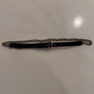 Michael Kors Black Saffiano Leather Silver Chain Skinny Belt Round Buckle Sz L